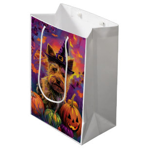 Sacola Para Presentes Média Pumpkin de Bruxa de Terrier Halloween, australiano