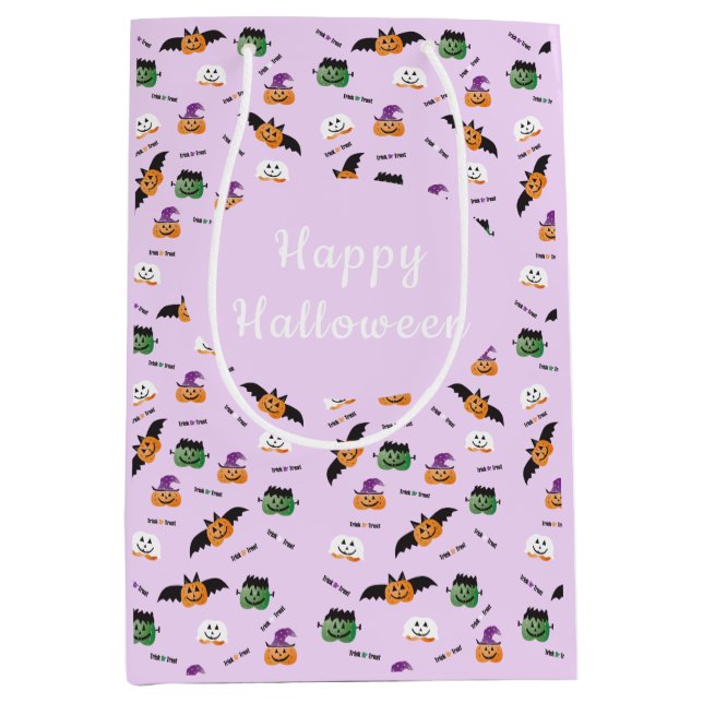 Sacola Para Presentes Média Pumpkins Bats Witch Frankenstein Pattern Halloween (Frente)