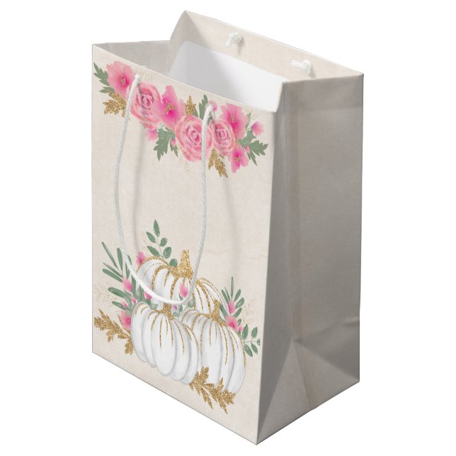 Sacola Para Presentes Média Pumpkins branco e Dourado Aquarela (Frente inclinada)