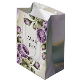Sacola Para Presentes Média Purple and Sage Green Roses Watercolor Wedding