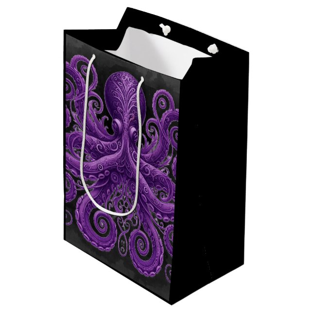 Sacola Para Presentes Média Purple Octopus Victorian Steampunk Kraken  (Frente inclinada)