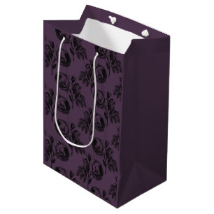 Sacola Para Presentes Média Púrpura e Preta Padrão Floral Gótico Halloween