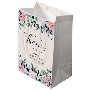 Sacola Para Presentes Média Púrpura Rosa E Água Floral Verde Muito Obrigado