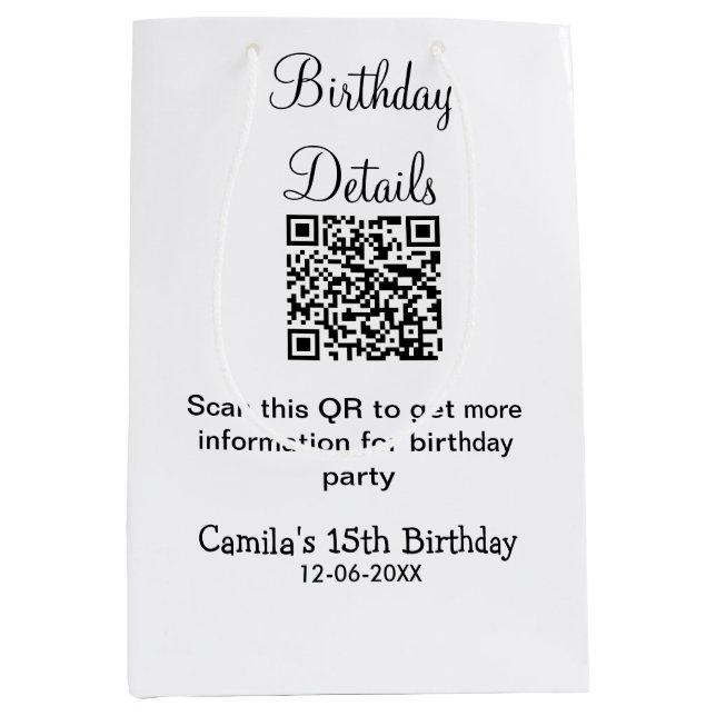 Sacola Para Presentes Média QR código detalhes da festa de aniversário moderna (Frente)