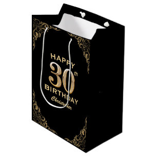 Sacola Para Presentes Média Quadro de brilho preto e Dourado do aniversário de