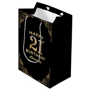 Sacola Para Presentes Média Quadro de brilho preto e Dourado do aniversário de