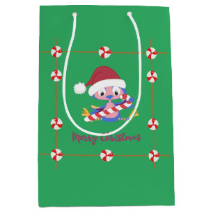 Sacola Para Presentes Média Quadro de doces de pássaro azul feliz de Natal