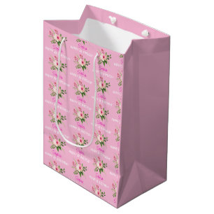 Sacola Para Presentes Média Qualquer Aniversário, Nome, Flor Aquarela Rosa