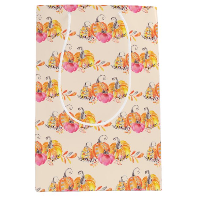 Sacola Para Presentes Média Queda de outono no Halloween Pumpkins Aquarela (Frente)