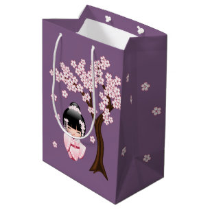 Sacola Para Presentes Média Quimono Rosa Boneca Kokeshi Kawaii no Roxo