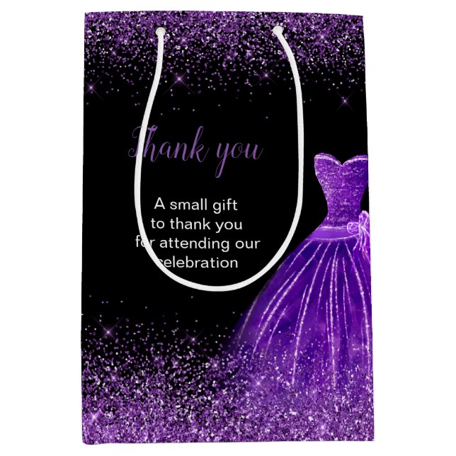 Sacola Para Presentes Média Quinceanera Dark Purple Dress Faux Glitter (Frente)