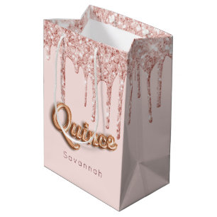 Sacola Para Presentes Média Quinceanera pincelada cor-de-rosa pinga rosa ouro