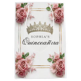 Sacola Para Presentes Média Quinceañera Pink Rose Crown Aniversário Favoritos