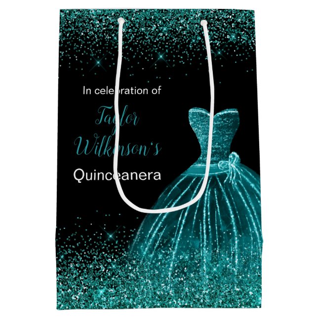 Sacola Para Presentes Média Quinceanera Teal Blue Dress Faux Glitter (Verso)