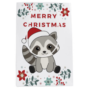 Sacola Para Presentes Média Raccoon Christmas Snow Winter Raccoons