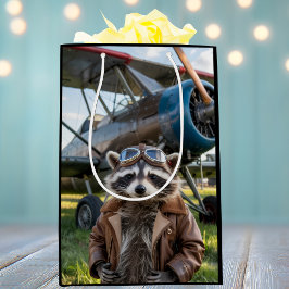 Sacola Para Presentes Média Raccoon Pilot Airplane Funny Photo Birthday