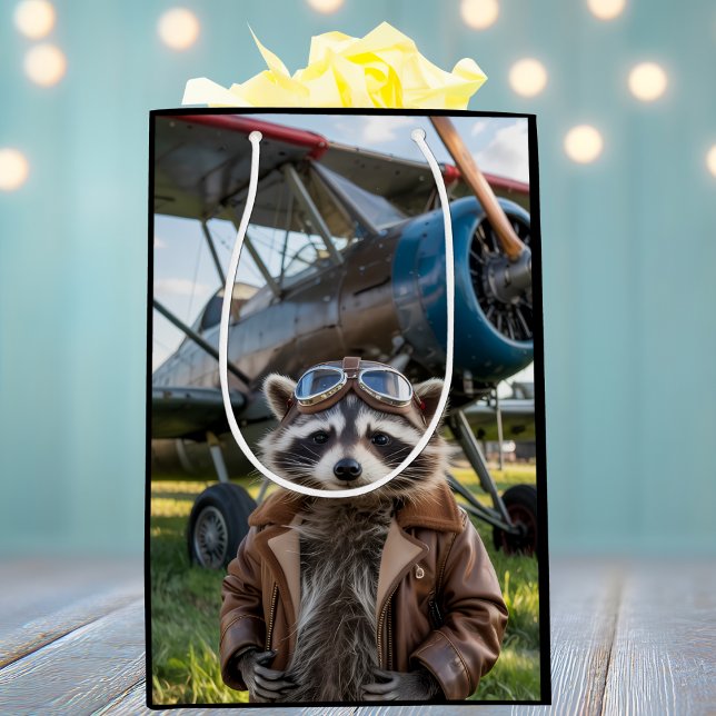 Sacola Para Presentes Média Raccoon Pilot Airplane Funny Photo Birthday (Criador carregado)