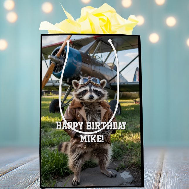 Sacola Para Presentes Média Raccoon Pilot Airplane Funny Photo Birthday Custom (Criador carregado)