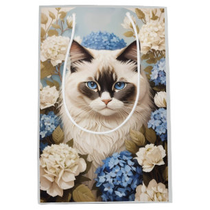 Sacola Para Presentes Média Ragdoll Cat Com Flores De Hydrangea Azuis