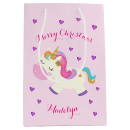 Sacola Para Presentes Média Rainbow Unicorn Natal Rosa