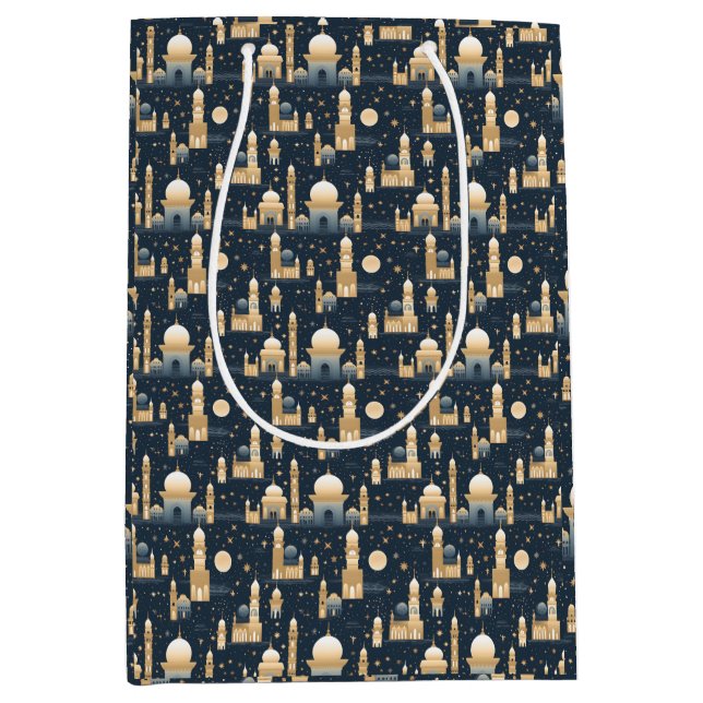Sacola Para Presentes Média Ramadã e Eid, de ouro e azul (Frente)