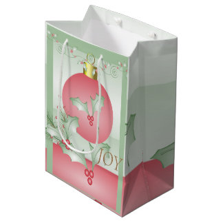 Sacola Para Presentes Média Ramagens de Azevinho Verde Claro Rosa