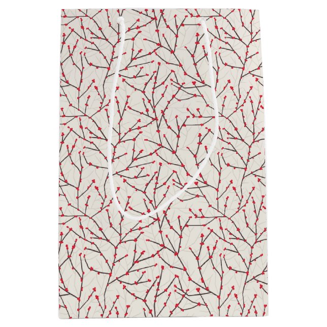 Sacola Para Presentes Média Ramificações de Winterberry Vermelho desenhadas ma (Frente)