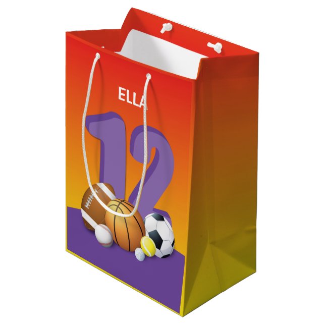 Sacola Para Presentes Média Rapariga 12 Birthday Sports Balls (Frente inclinada)