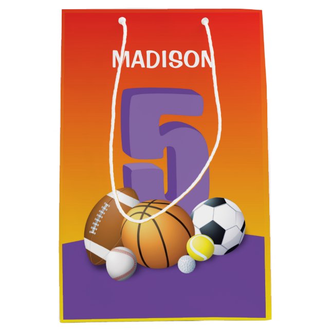 Sacola Para Presentes Média Rapariga 5 Birthday Sports Balls (Frente)