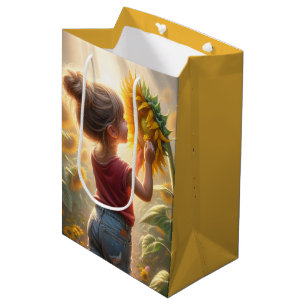 Sacola Para Presentes Média Rapariga de aniversário com girassol