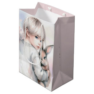 Sacola Para Presentes Média Rapariga de aniversário segurando um coelho de est