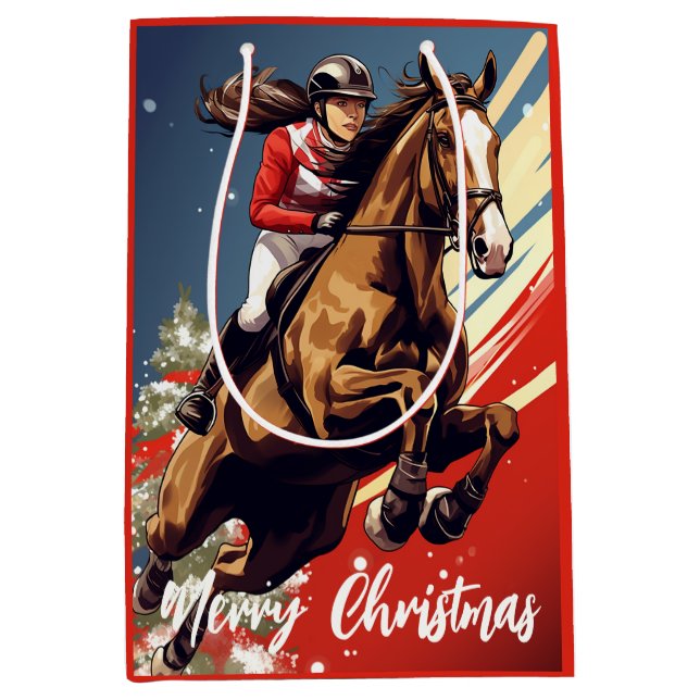 Sacola Para Presentes Média Rapariga e Cavalo Saltando Feliz Natal (Frente)