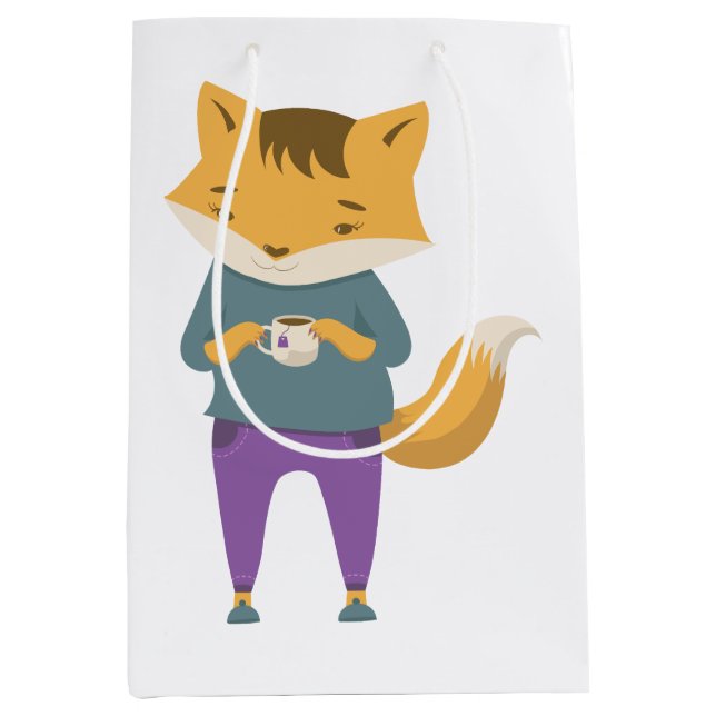 Sacola Para Presentes Média Raposa-branca com xícara de chá (Frente)