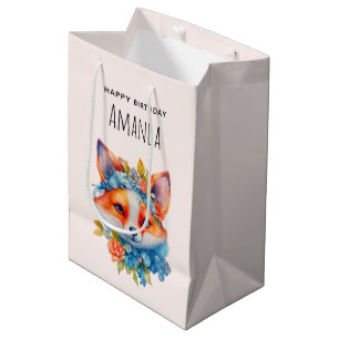 Sacola Para Presentes Média Raposa Laranja Cachorosa com Coroa Floral de Anive