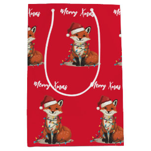 Sacola Para Presentes Média Raposa vermelha alegre e fofa árvore de Natal zool