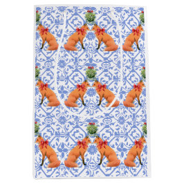 Sacola Para Presentes Média Raposas Beijando Sob Mistura Chinoiserie Azul