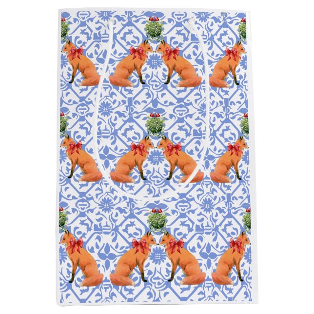 Sacola Para Presentes Média Raposas Beijando Sob Mistura Chinoiserie Azul (Frente)