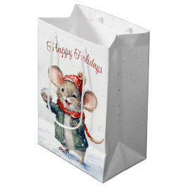 Sacola Para Presentes Média Rato De Natal Bonito Em Flocos De Neve