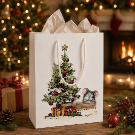 Sacola Para Presentes Média Rato de Natal sob a Árvore