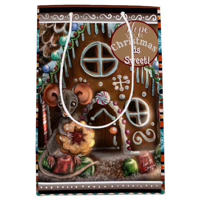 Sacola Para Presentes Média Rato de pão de Gengibre Doce Natal (Frente)