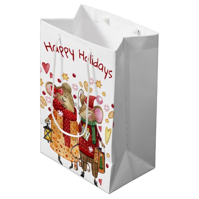 Sacola Para Presentes Média Ratos de Natal (Frente inclinada)