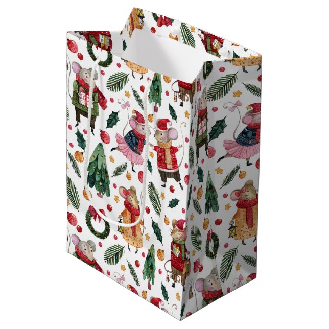 Sacola Para Presentes Média Ratos de Natal (Frente inclinada)