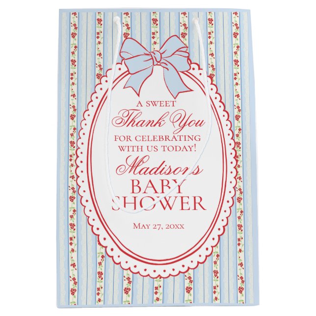 Sacola Para Presentes Média Red & Blue Vintage Fancy Floral Baby Shower Favors (Frente)