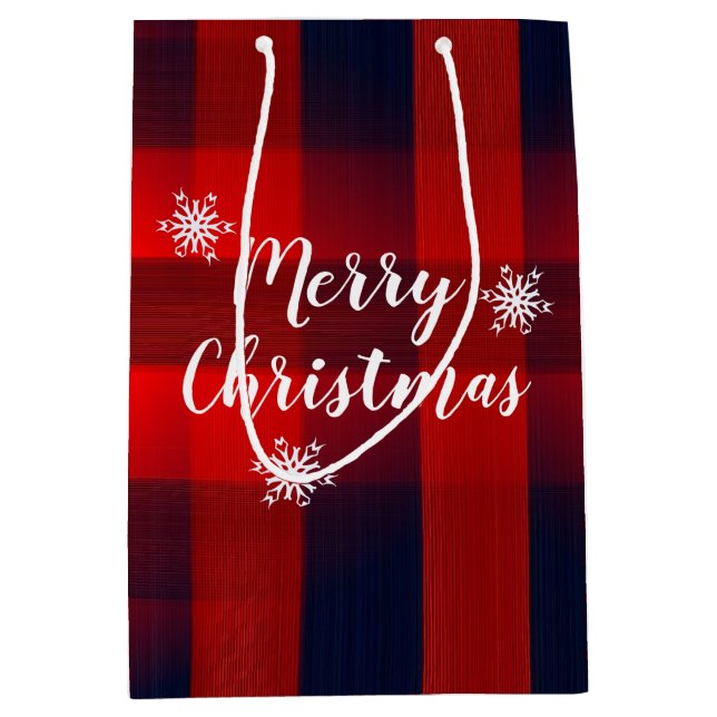 Sacola Para Presentes Média Red Bokeh Buffalo Plaid Merry Christmas (Frente)