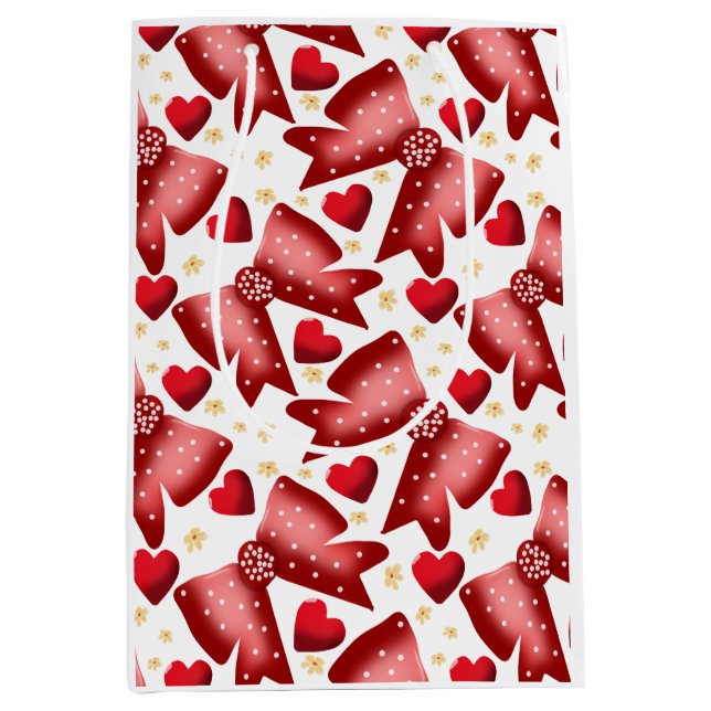 Sacola Para Presentes Média Red  Bow Heart Seamless Pattern Cute  (Frente)