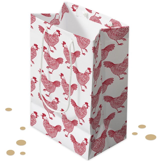 Sacola Para Presentes Média Red Chicken Hen (Chicken hen poultry red and white gift bag)