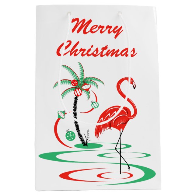 Sacola Para Presentes Média Red Christmas Flamingo Merry, meio natalino (Frente)