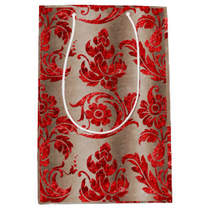 Sacola Para Presentes Média Red Dourado Faux Velvet Damask Elegant