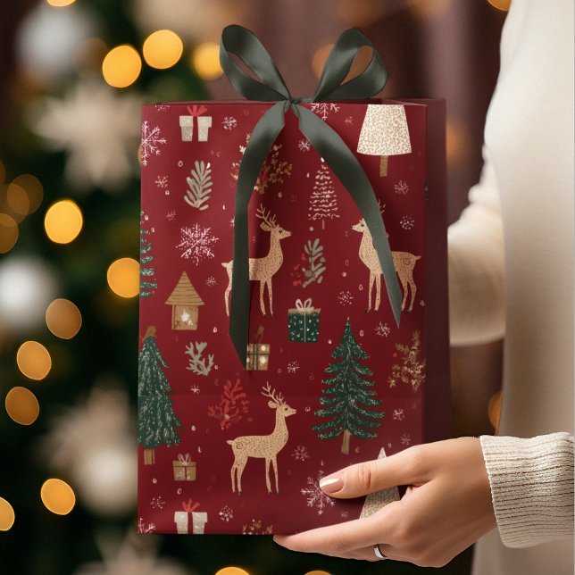 Sacola Para Presentes Média Red Festive Christmas Whimsical Pattern Gift Bag  (Criador carregado)