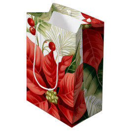 Sacola Para Presentes Média Red Green Poinsettia Holly Berry Feriado de Natal
